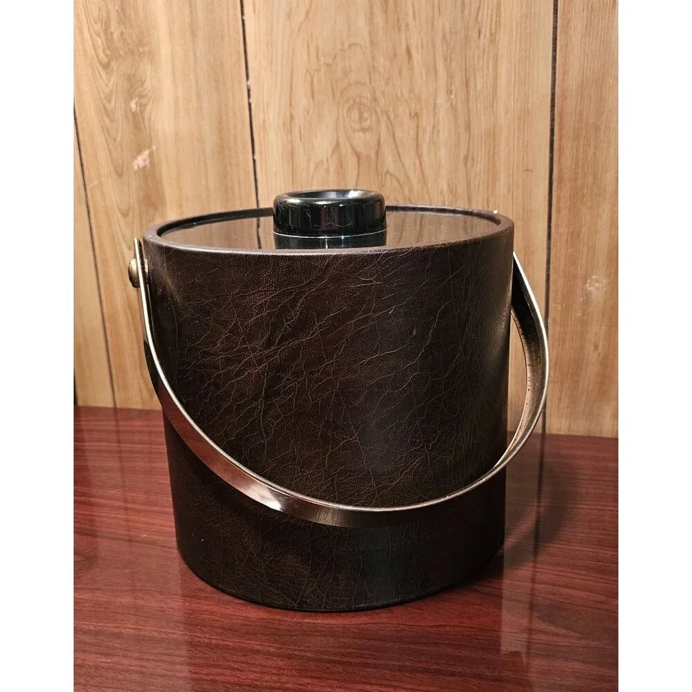Vintage 1980's Ice Bucket Made in Italy #501 Laux Leather Gold Tone Metal Handle